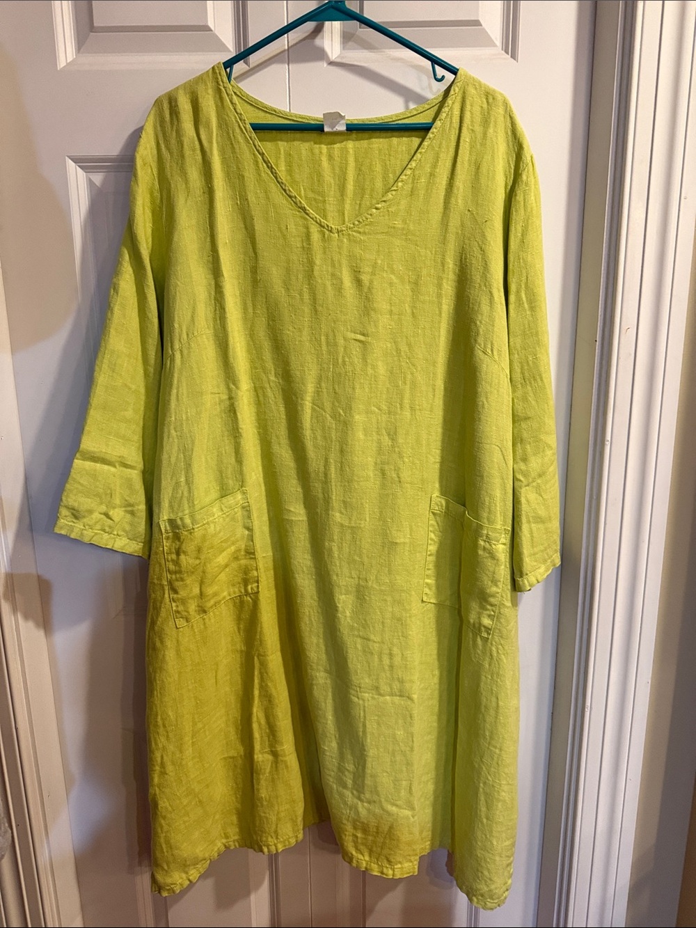 Relaxed V-Neck Midi Dress with Front Pockets in Lime
